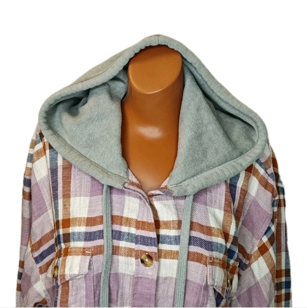 Lucky Brand Hooded Flannel Shacket Woman Sz XL Purple Plaid Cropped Shirt Jacket - Picture 6 of 12